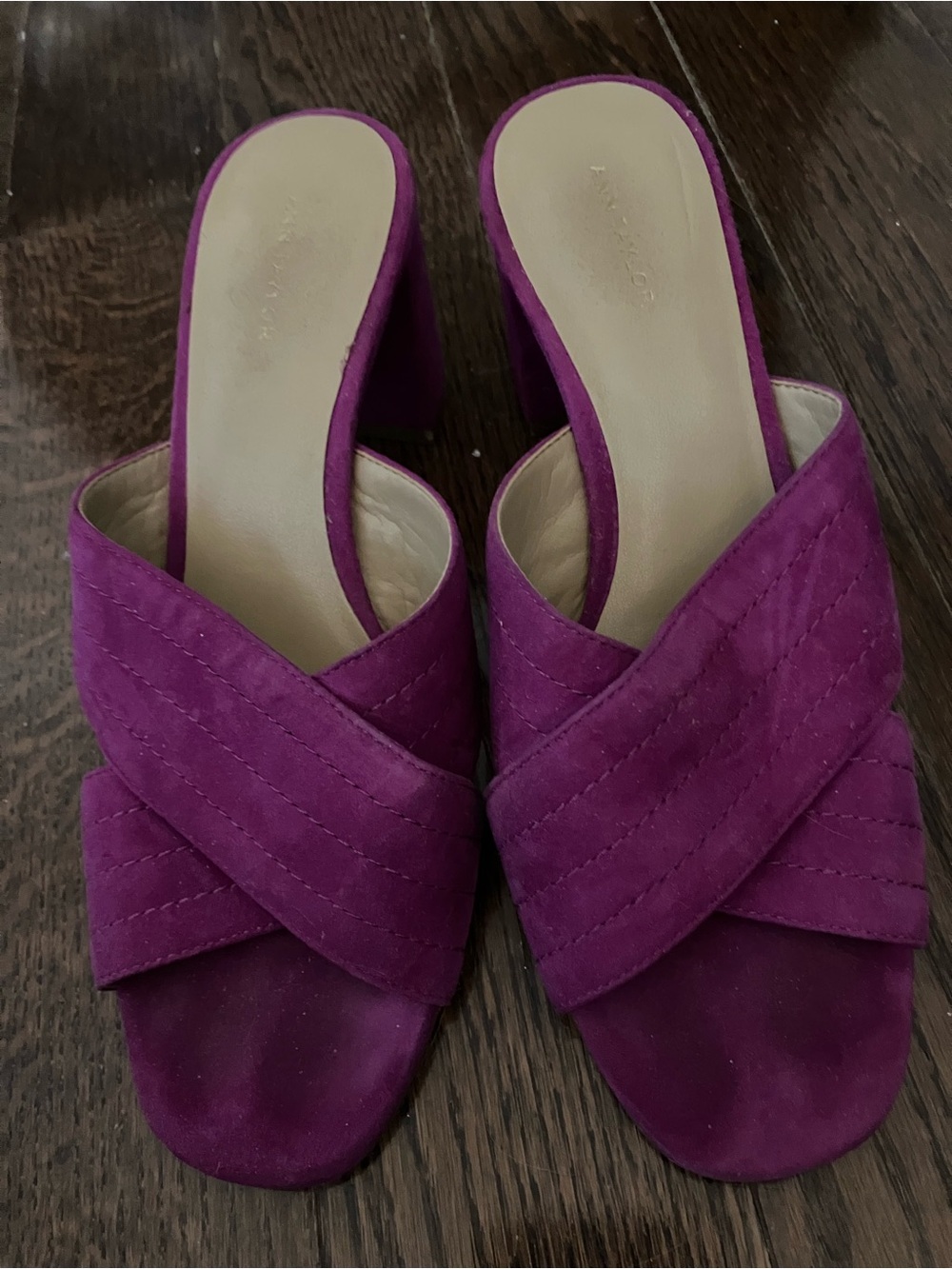 Ann Taylor Magenta Suede Crisscross Block Heel Mules